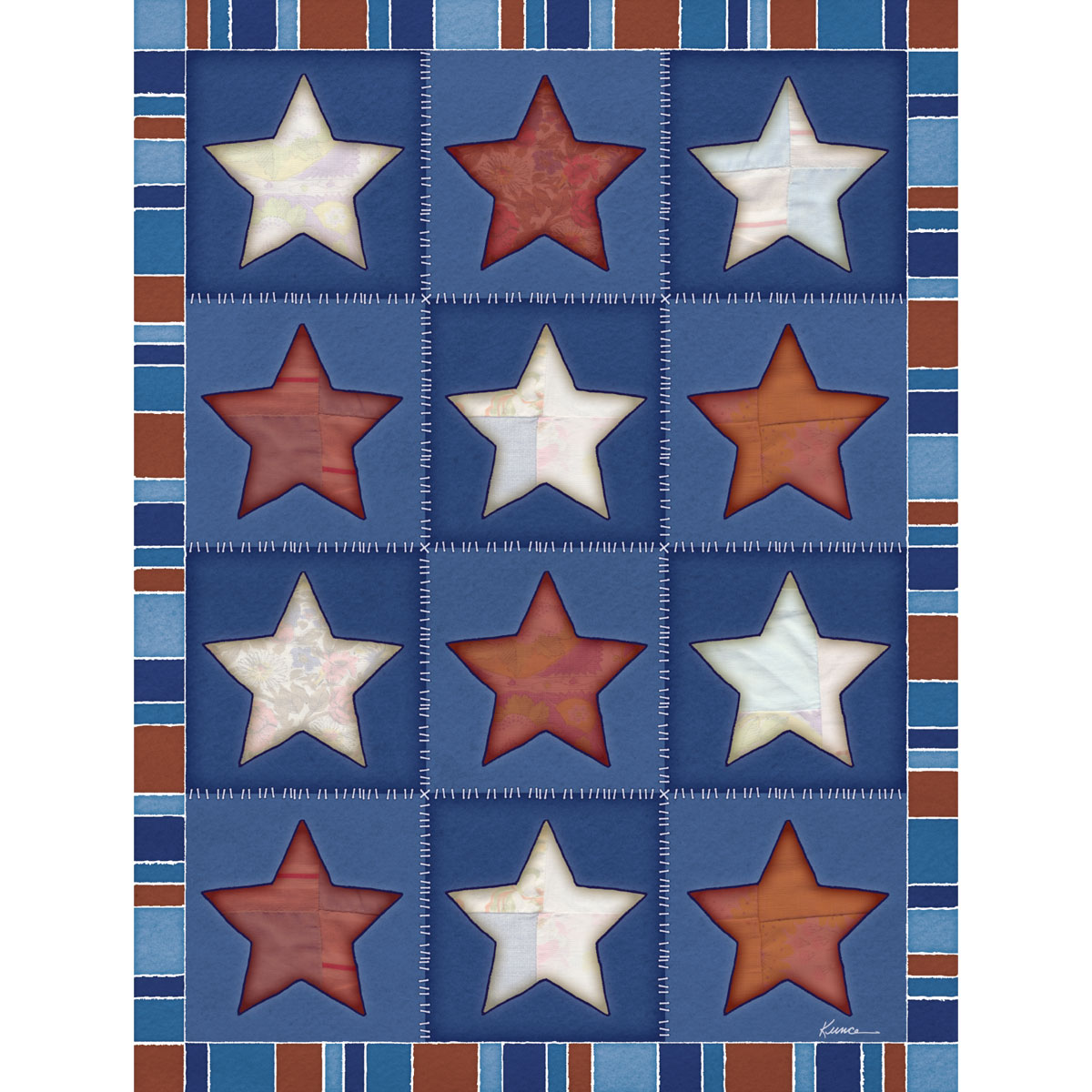 Vintage Quilt Star Print - Americana Stars & Stripes Art featuring twelve patchwork stars in rust and cream on navy.