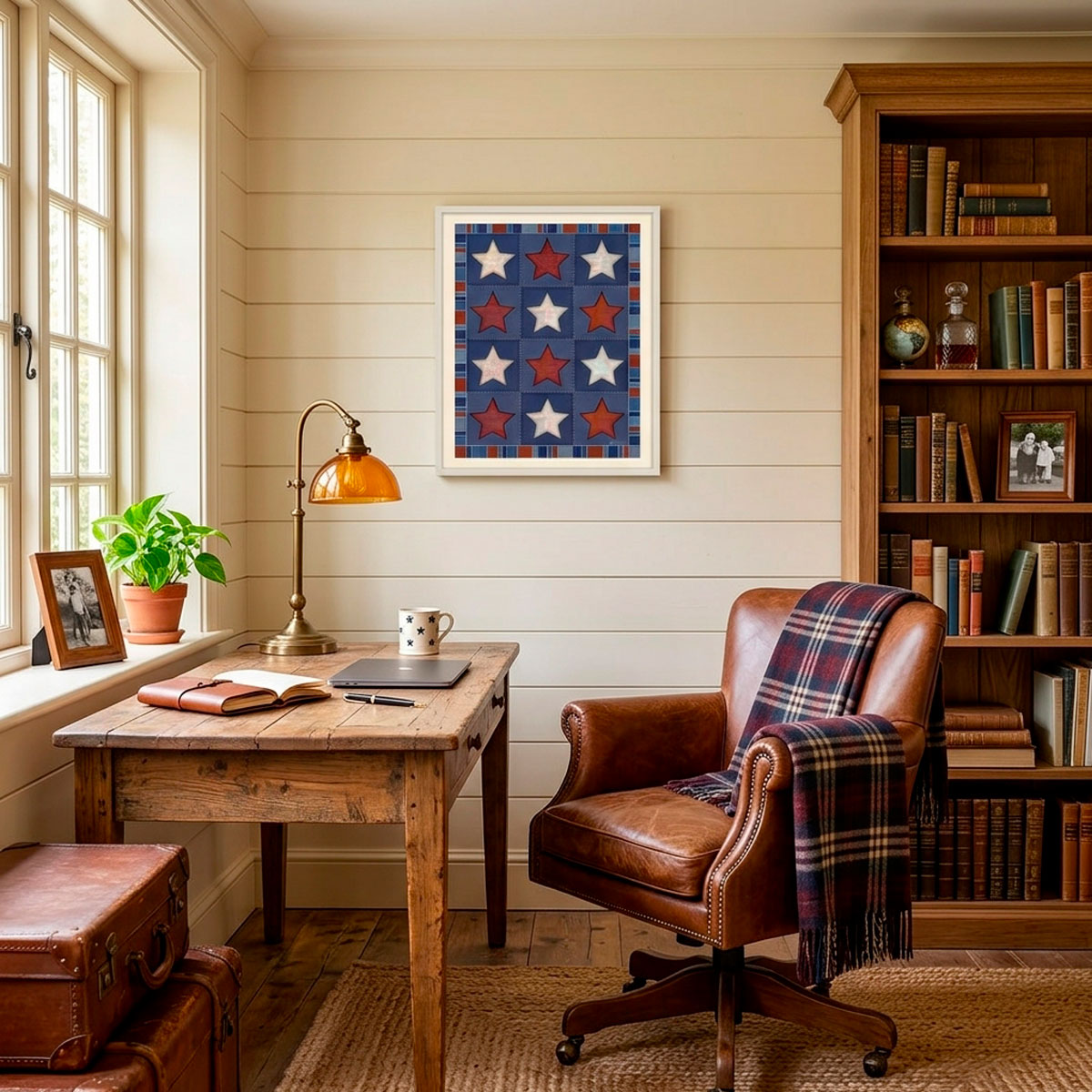 Vintage Quilt Star Print - Americana Stars & Stripes Art featuring twelve patchwork stars in rust and cream on navy.