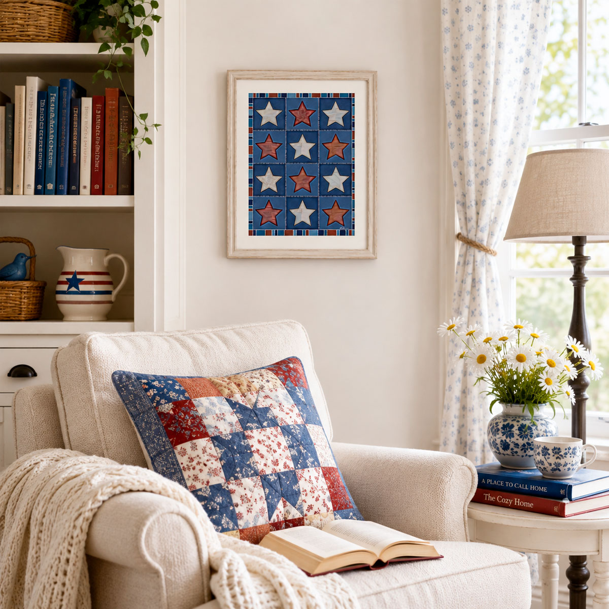 Vintage Quilt Star Print - Americana Stars & Stripes Art featuring twelve patchwork stars in rust and cream on navy.