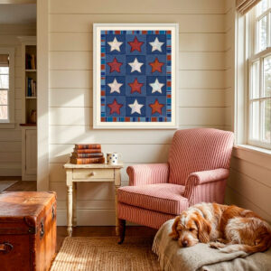 Vintage Quilt Star Print - Americana Stars & Stripes Art featuring twelve patchwork stars in rust and cream on navy.