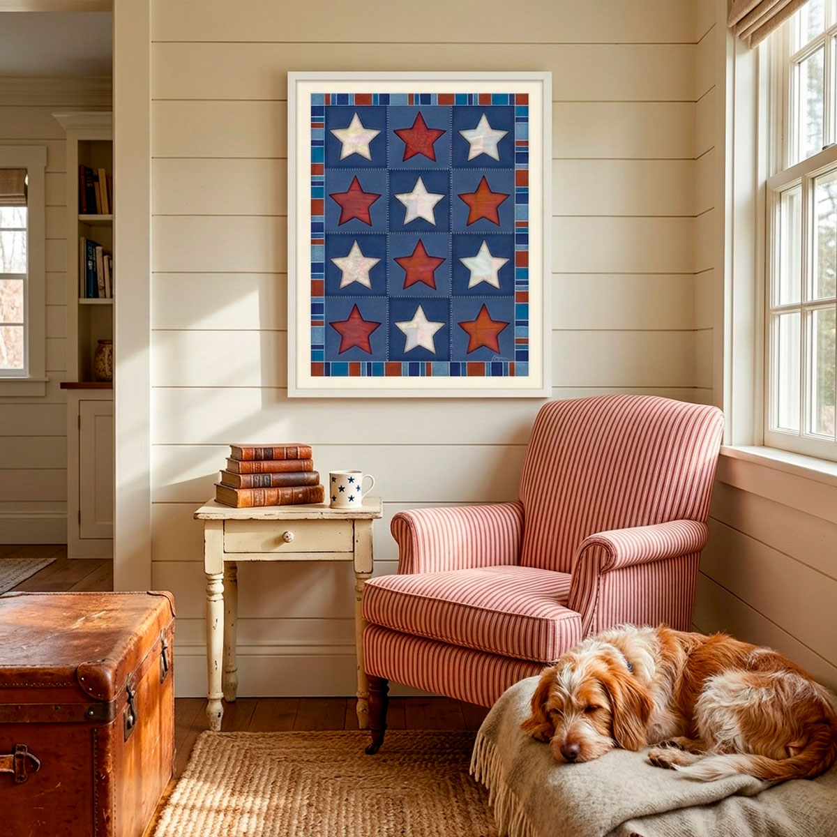 Vintage Quilt Star Print - Americana Stars & Stripes Art featuring twelve patchwork stars in rust and cream on navy.