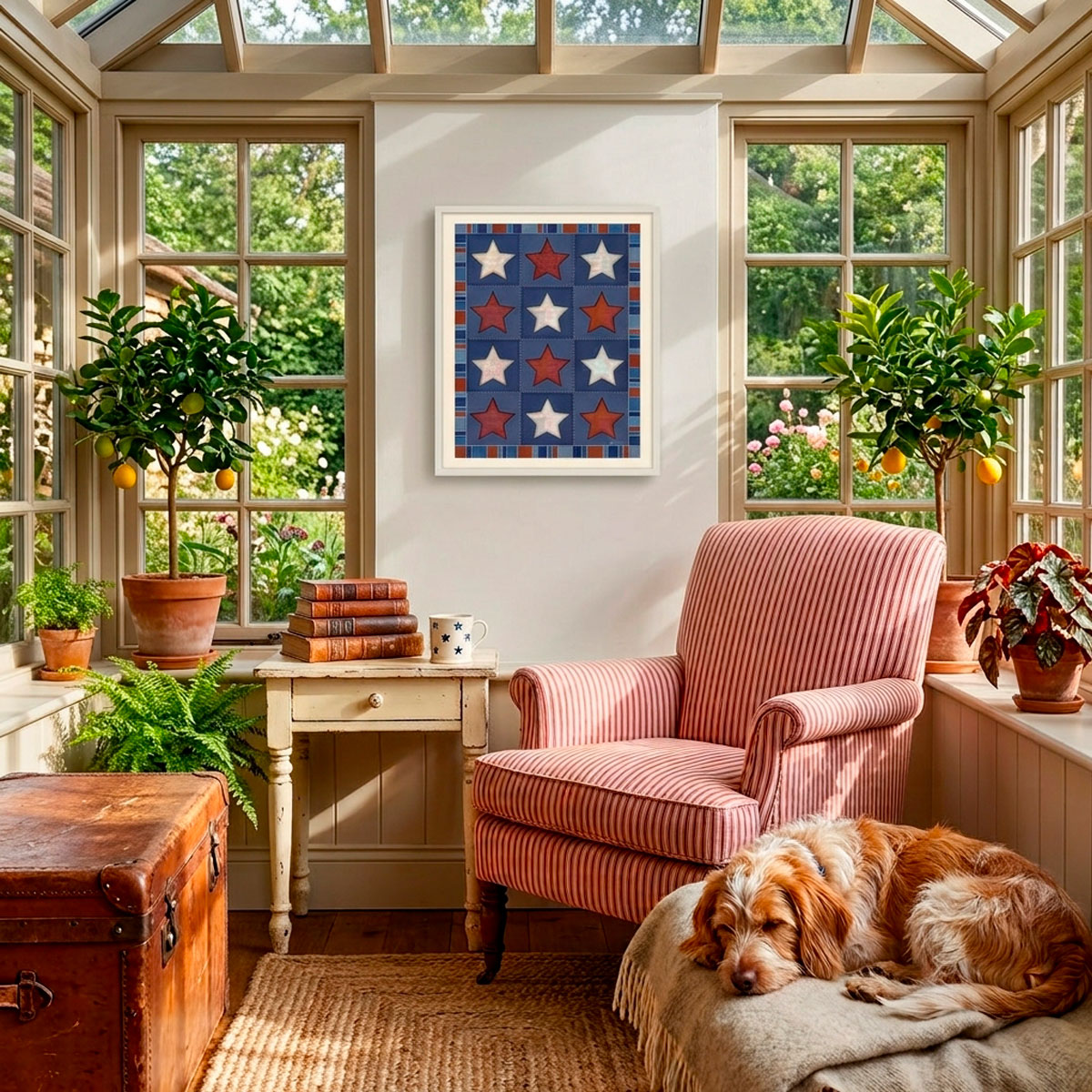 Vintage Quilt Star Print - Americana Stars & Stripes Art featuring twelve patchwork stars in rust and cream on navy.