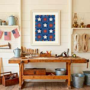 Vintage Quilt Star Print - Americana Stars & Stripes Art featuring twelve patchwork stars in rust and cream on navy.