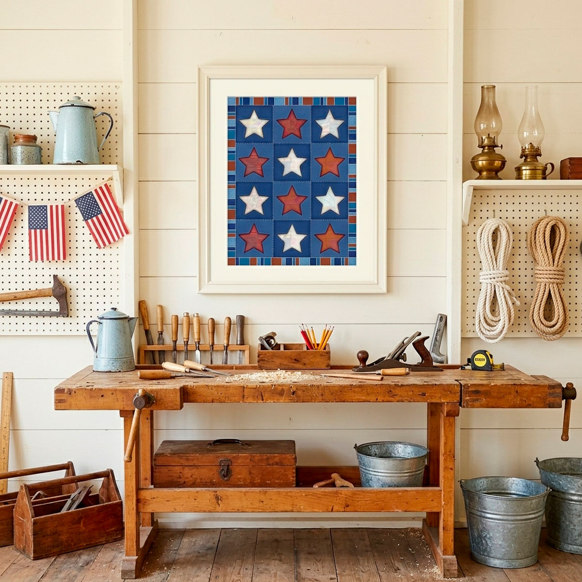 Vintage Quilt Star Print - Americana Stars & Stripes Art featuring twelve patchwork stars in rust and cream on navy.