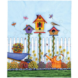 Watercolor art featuring three colorful birdhouses, flowers, dragonflies, and a picket fence