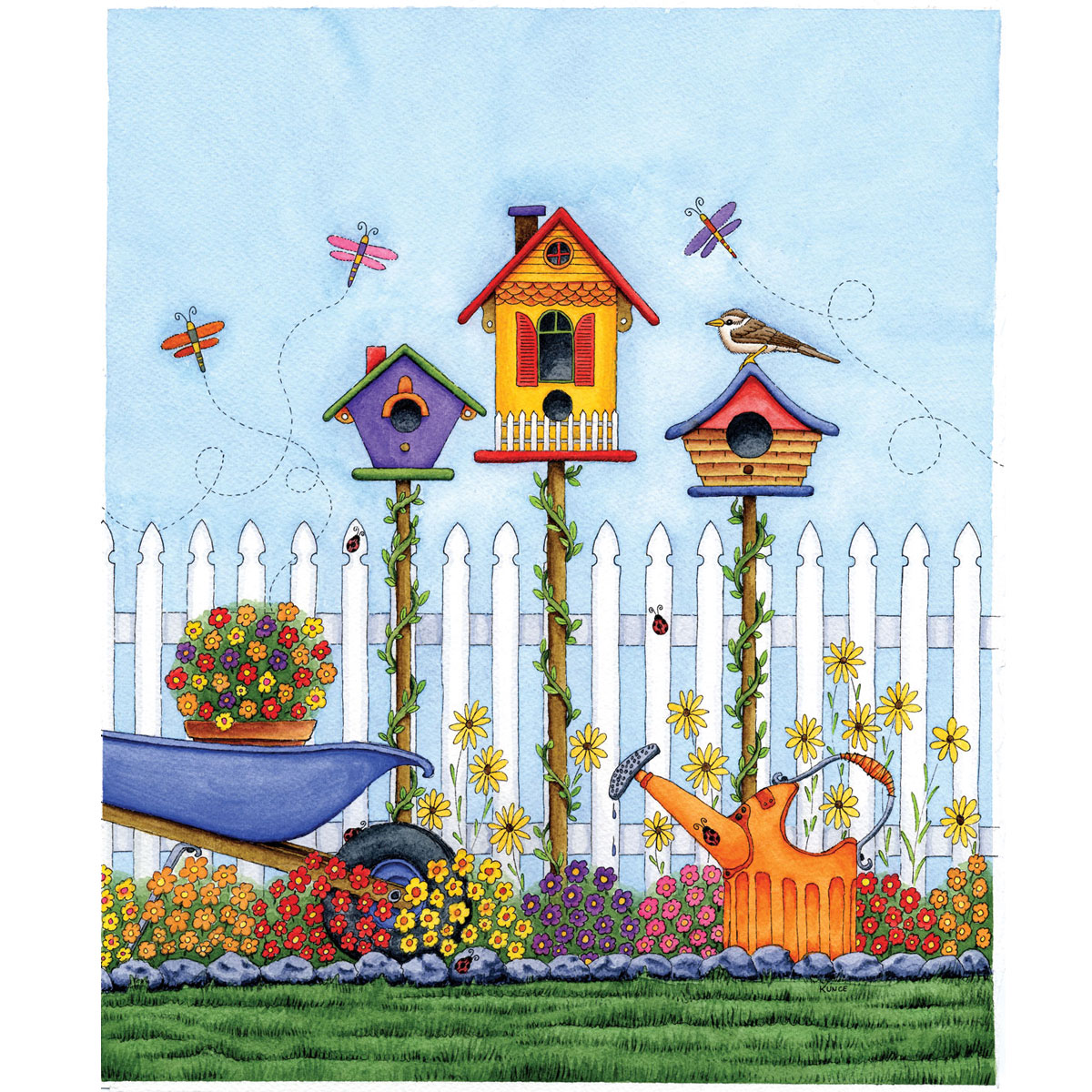 Watercolor art featuring three colorful birdhouses, flowers, dragonflies, and a picket fence
