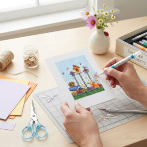 Watercolor art featuring three colorful birdhouses, flowers, dragonflies, and a picket fence - made into a scrapbook-style greeting card