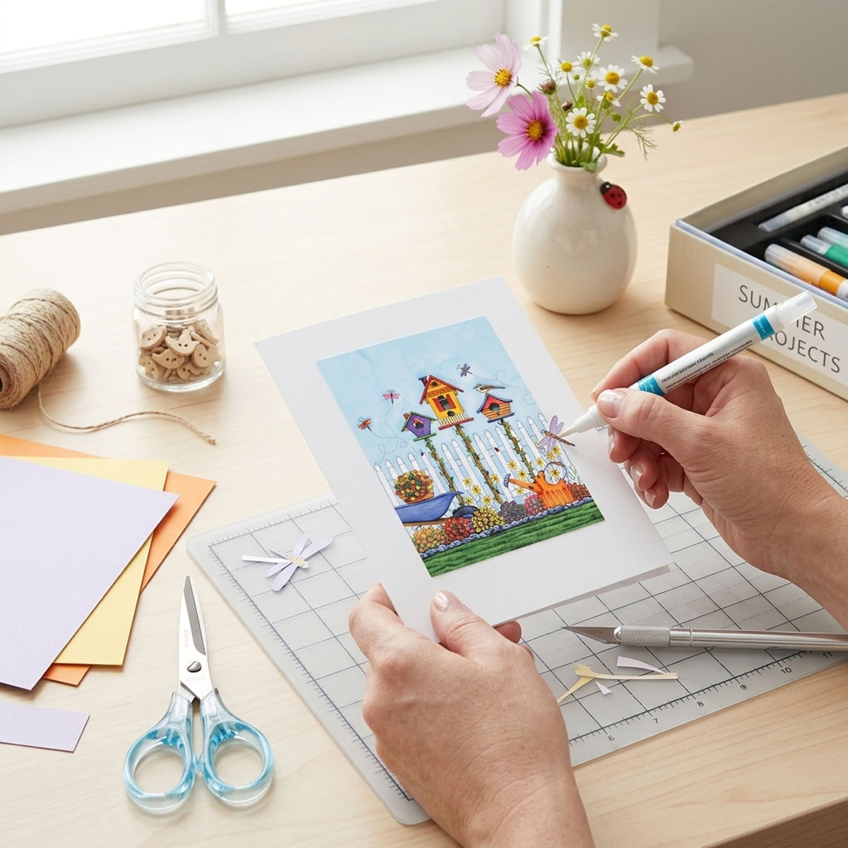Watercolor art featuring three colorful birdhouses, flowers, dragonflies, and a picket fence - made into a scrapbook-style greeting card