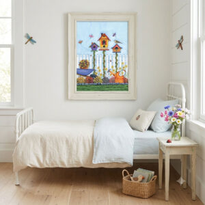 Watercolor art featuring three colorful birdhouses, flowers, dragonflies, and a picket fence - framed on a cottage bedroom wall