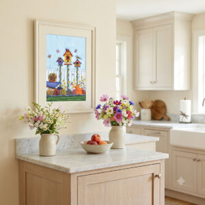 Watercolor art featuring three colorful birdhouses, flowers, dragonflies, and a picket fence - framed on a cottage kitchen wall