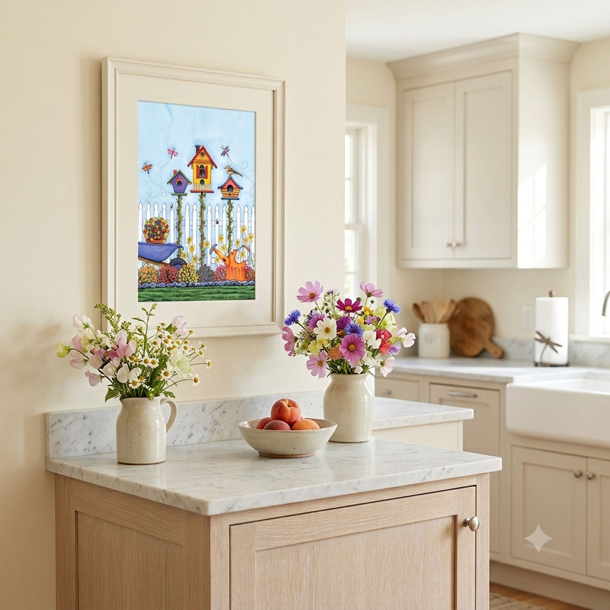 Watercolor art featuring three colorful birdhouses, flowers, dragonflies, and a picket fence - framed on a cottage kitchen wall