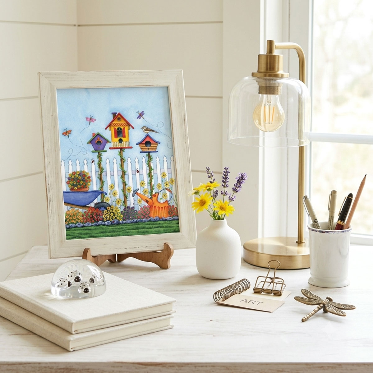 Watercolor art featuring three colorful birdhouses, flowers, dragonflies, and a picket fence - framed and sitting on a cottage office desk