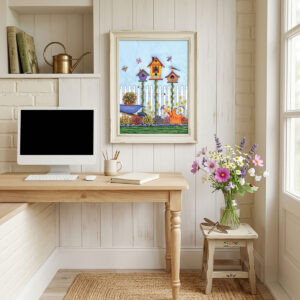 Watercolor art featuring three colorful birdhouses, flowers, dragonflies, and a picket fence - framed on a cottage office wall