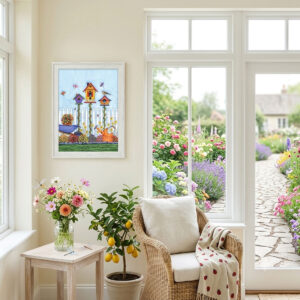 Watercolor art featuring three colorful birdhouses, flowers, dragonflies, and a picket fence - framed on a cottage sunroom wall