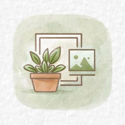 Icon image of photo frames and a houseplant.