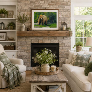 Photograph of a brown bear in a setting of grass and trees framed on a den wall