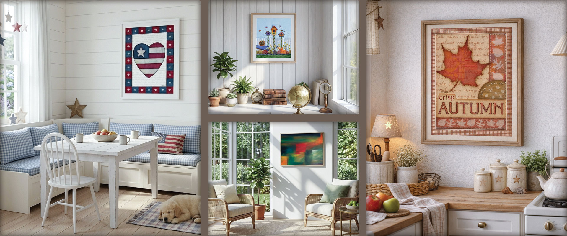 Front page banner showing our artwork in a ktichen and office settings