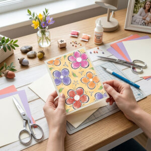Dancing Wildflowers Digital Print featuring whimsical pink, orange, and purple flowers on a warm yellow background.