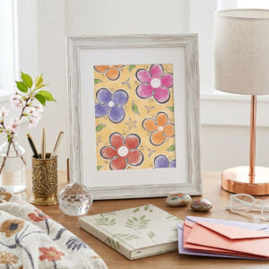 Dancing Wildflowers Digital Print featuring whimsical pink, orange, and purple flowers on a warm yellow background.