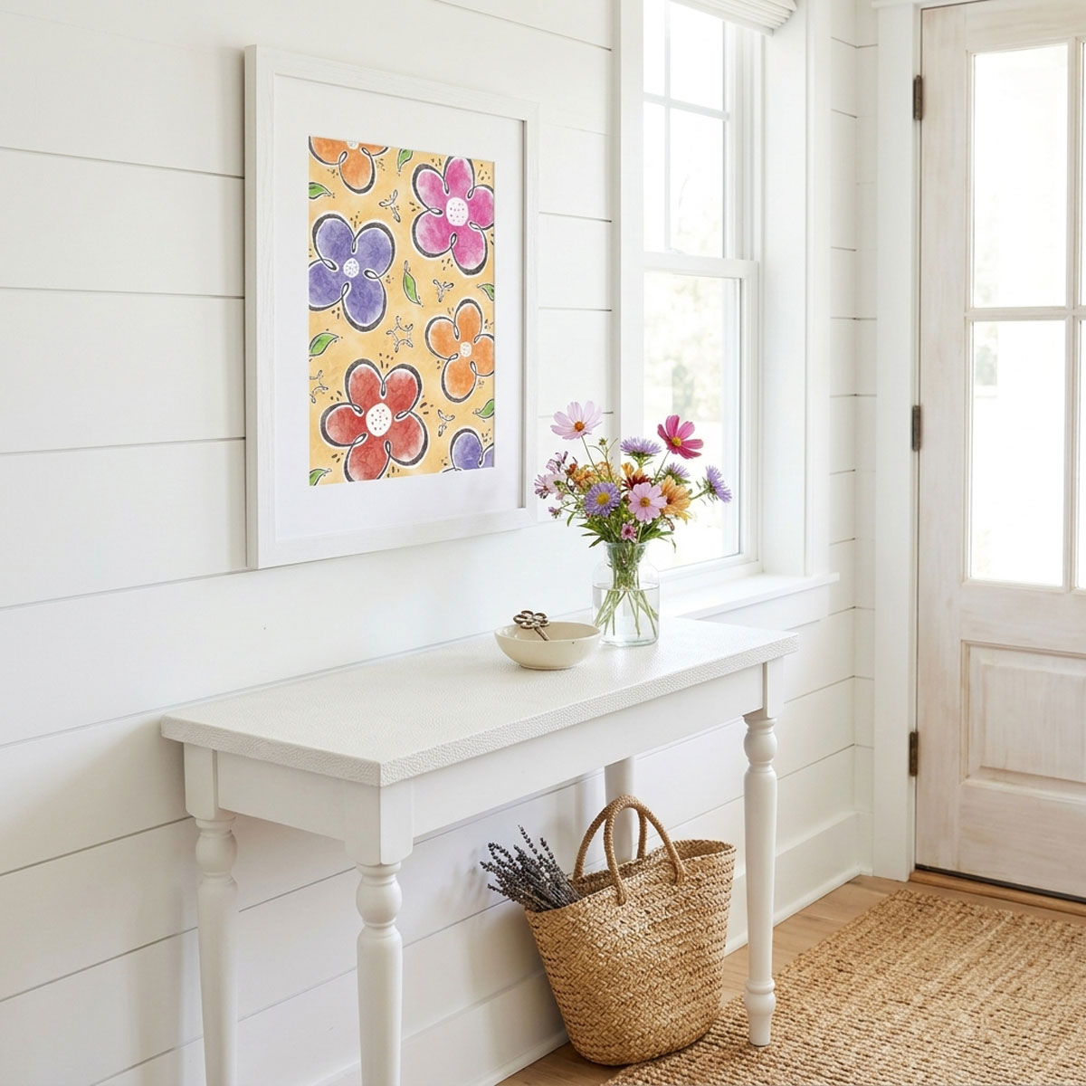 Dancing Wildflowers Digital Print featuring whimsical pink, orange, and purple flowers on a warm yellow background.