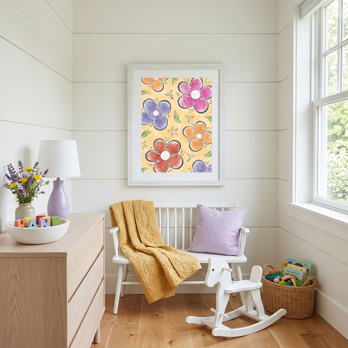 Dancing Wildflowers Digital Print featuring whimsical pink, orange, and purple flowers on a warm yellow background.