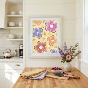 Dancing Wildflowers Digital Print featuring whimsical pink, orange, and purple flowers on a warm yellow background.