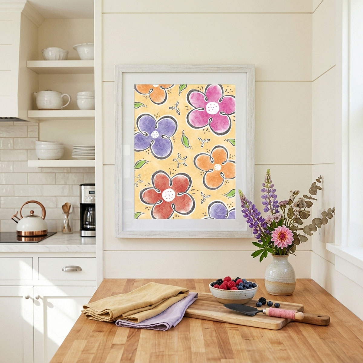 Dancing Wildflowers Digital Print featuring whimsical pink, orange, and purple flowers on a warm yellow background.