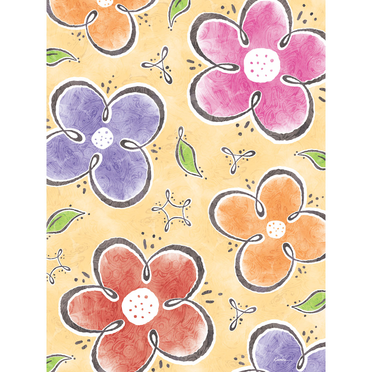 Dancing Wildflowers Digital Print featuring whimsical pink, orange, and purple flowers on a warm yellow background.