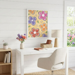 Dancing Wildflowers Digital Print featuring whimsical pink, orange, and purple flowers on a warm yellow background.