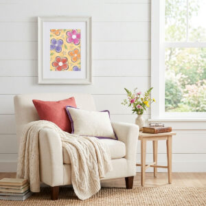 Dancing Wildflowers Digital Print featuring whimsical pink, orange, and purple flowers on a warm yellow background.