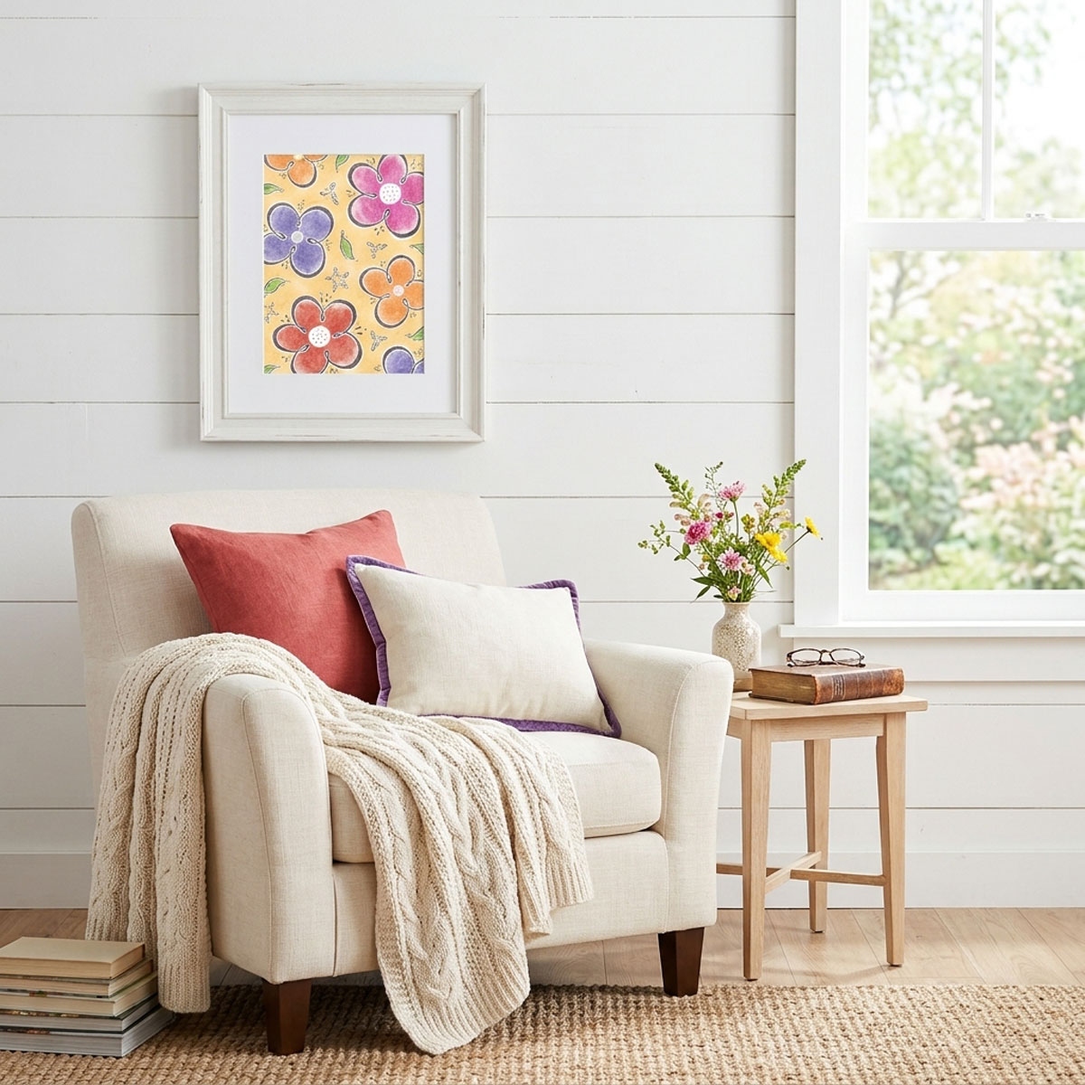 Dancing Wildflowers Digital Print featuring whimsical pink, orange, and purple flowers on a warm yellow background.