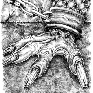 Cross-hatch pen-and-ink illustration of a tough dragon claw in chains