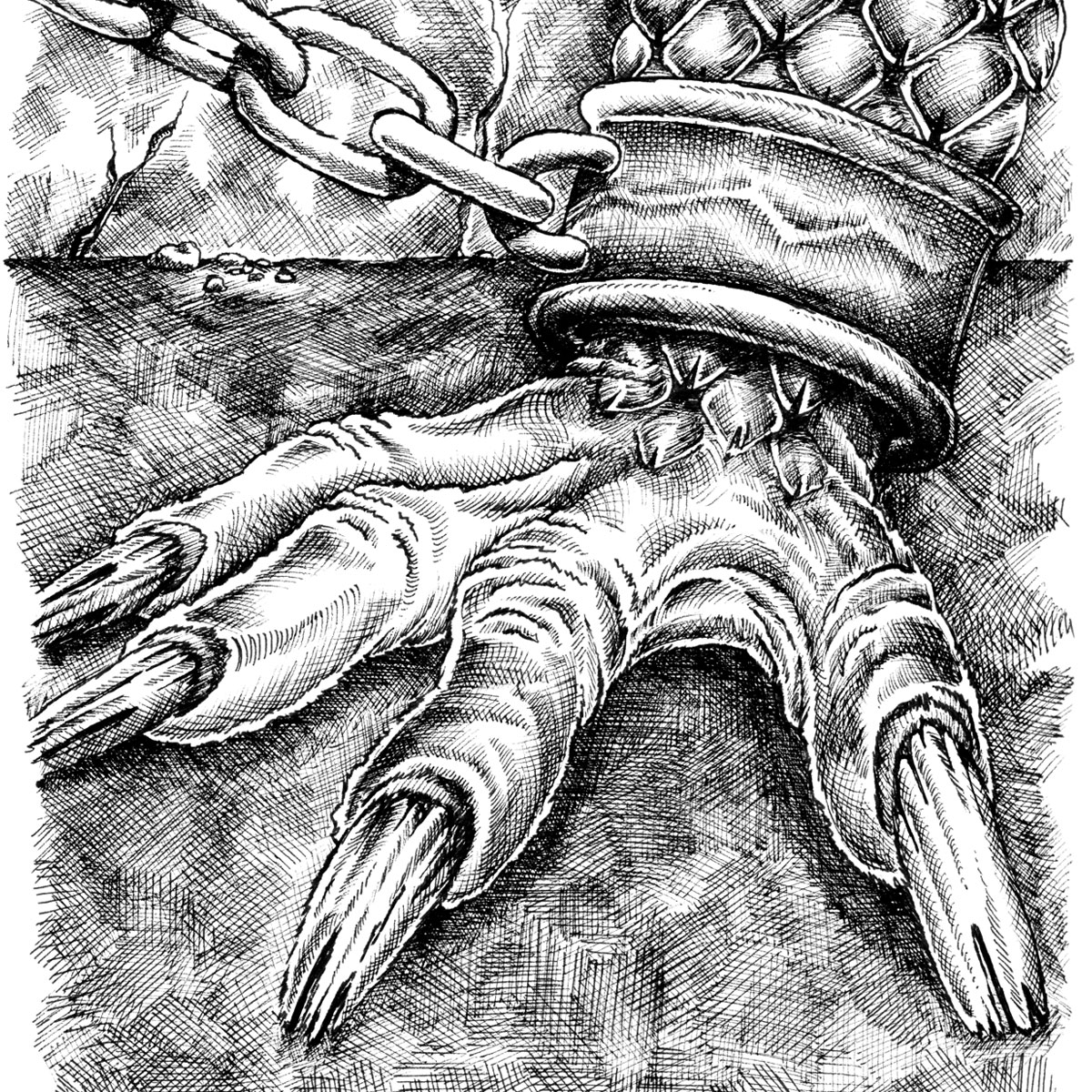 Cross-hatch pen-and-ink illustration of a tough dragon claw in chains