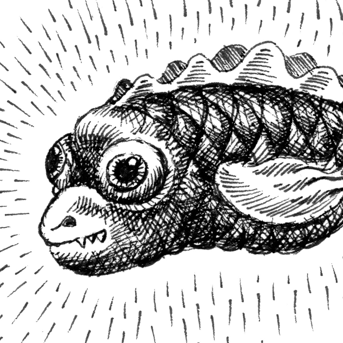 Cross-hatch pen-and-ink illustration of a glowing fantasy fish