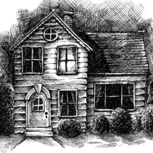 Cross-hatch pen-and-ink illustration of a small two-story house