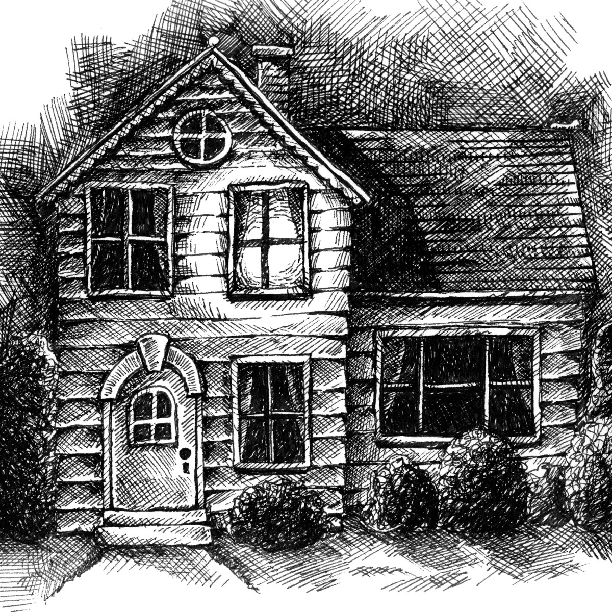 Cross-hatch pen-and-ink illustration of a small two-story house