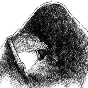 Cross-hatch pen-and-ink illustration of a girl reading under the covers with a flashlight