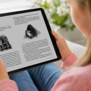 Young girl reading "Darien and the Lost Paints of Telinoria" on a digital tablet