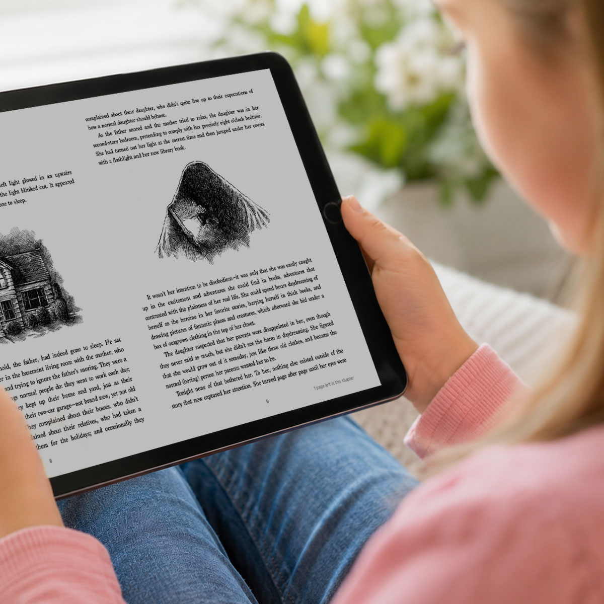 Young girl reading "Darien and the Lost Paints of Telinoria" on a digital tablet