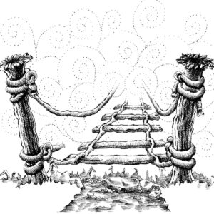 Detailed pen-and-ink drawing of a fantasy bridge