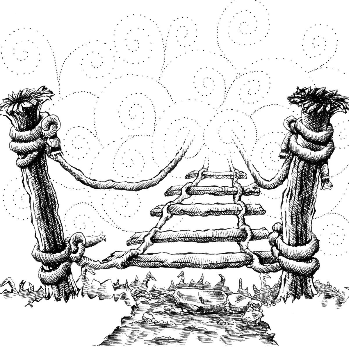 Detailed pen-and-ink drawing of a fantasy bridge