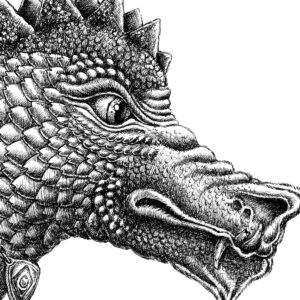 Detailed pen-and-ink drawing of a fantasy dragon