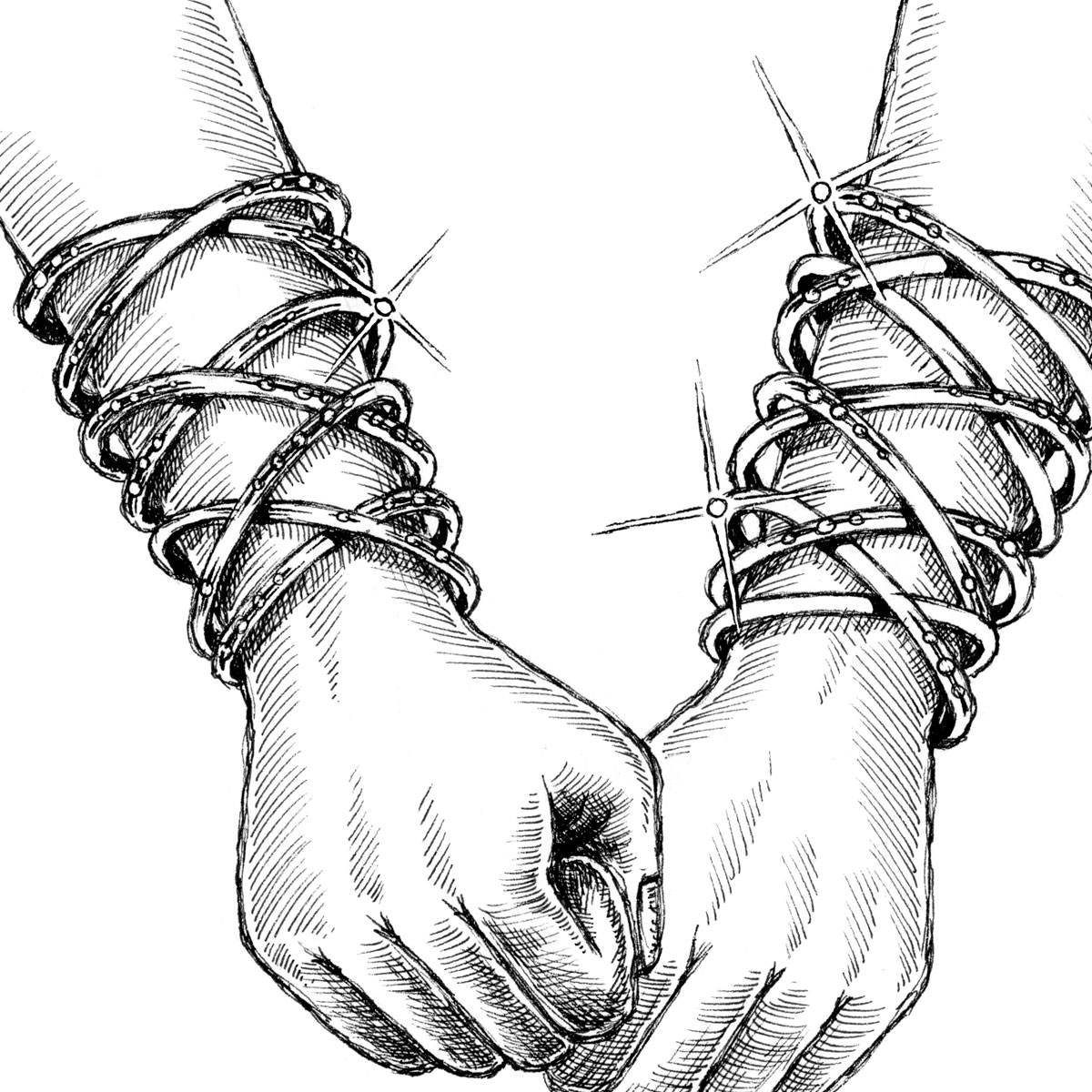Detailed pen-and-ink drawing of two wrists and hands wearing criss-crossed bracelets.