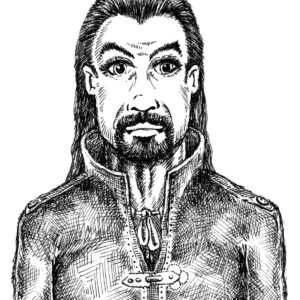 Detailed pen-and-ink drawing of a stern man with a goatee