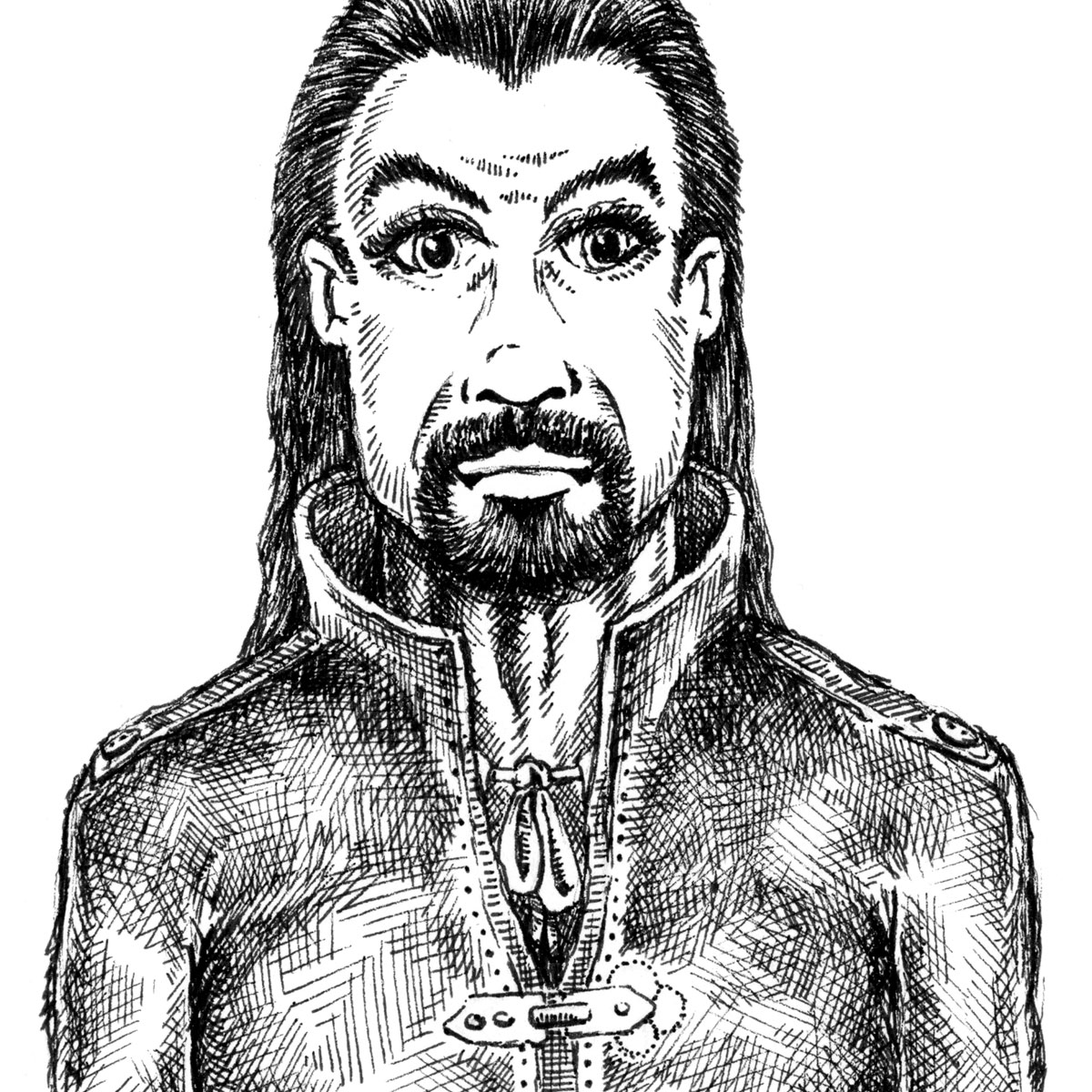 Detailed pen-and-ink drawing of a stern man with a goatee
