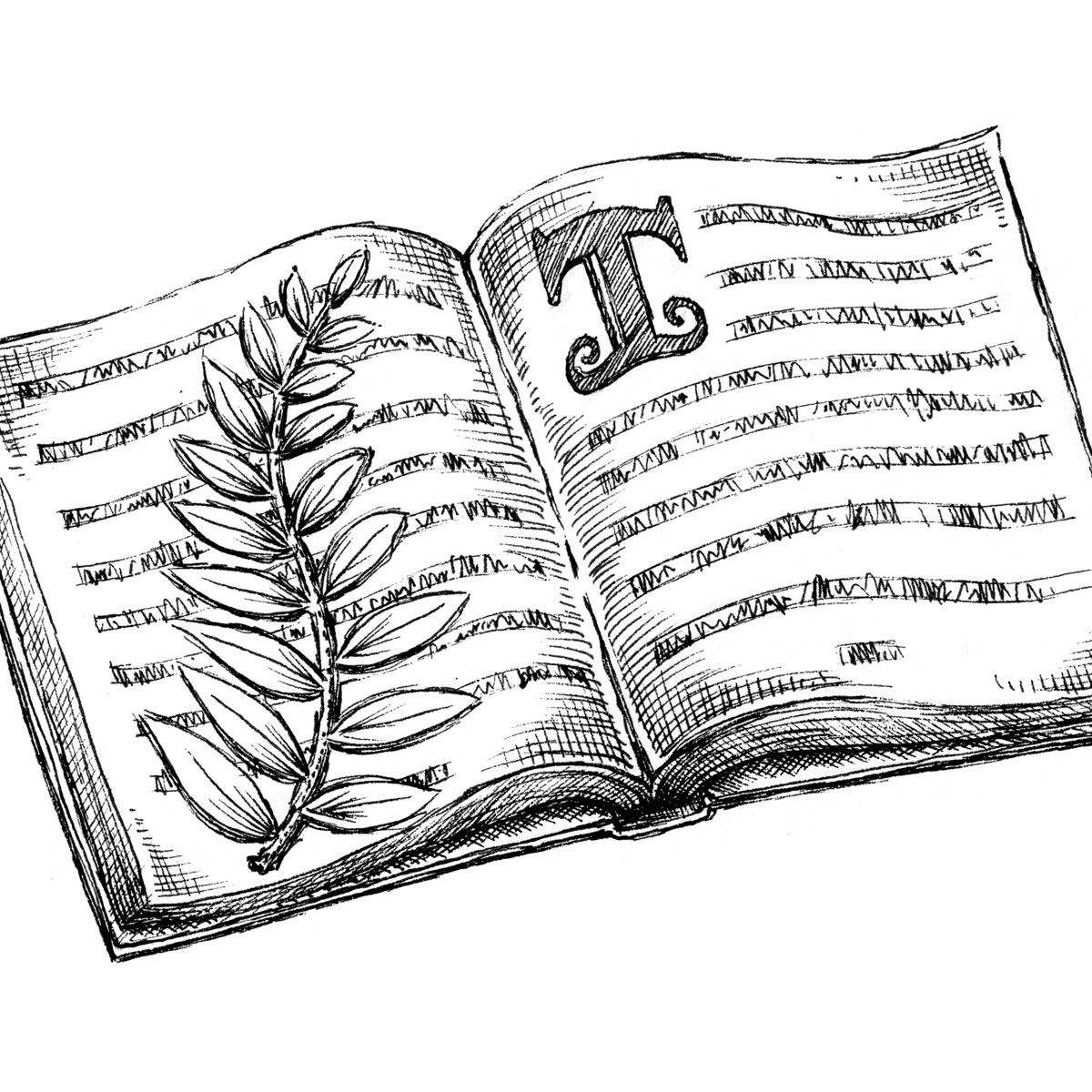 Detailed pen-and-ink drawing of a fantasy book and a pressed leaf