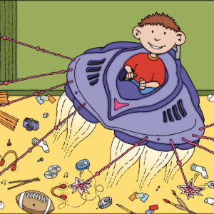 An illustration of a young boy zapping his messy room with spaceship lasers