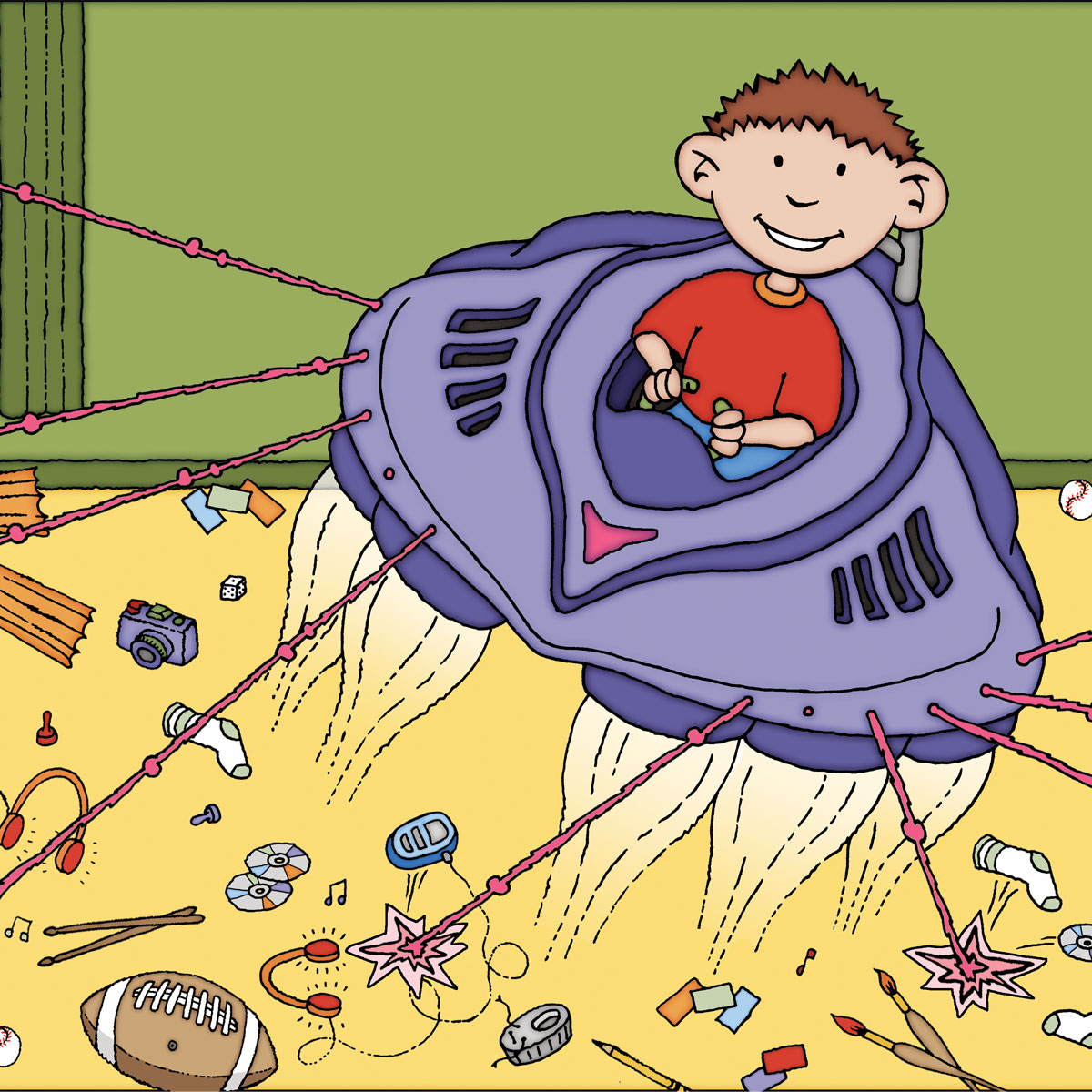 An illustration of a young boy zapping his messy room with spaceship lasers