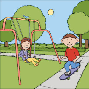 An illustration of a young boy and his sister playing at a park on a nice day