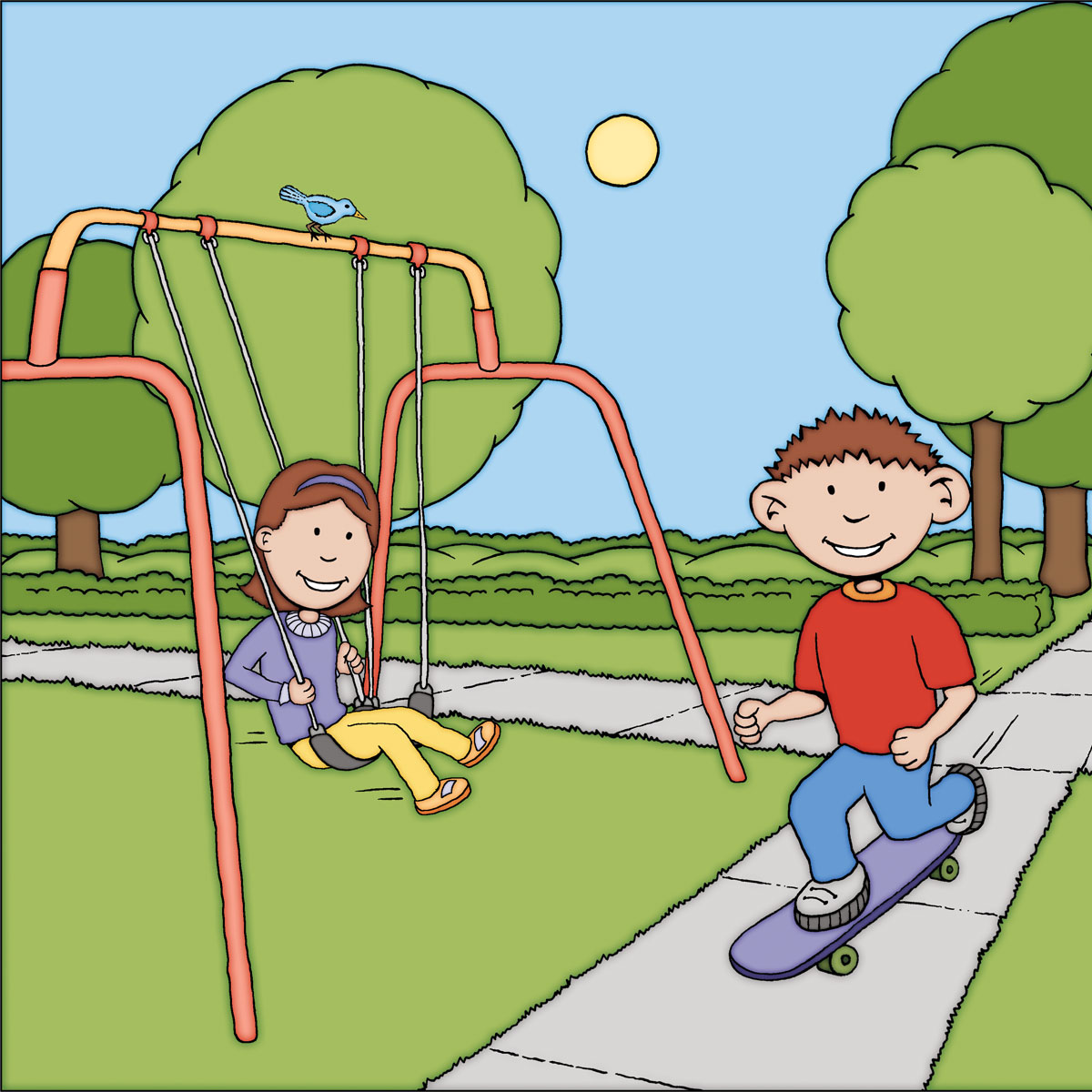 An illustration of a young boy and his sister playing at a park on a nice day